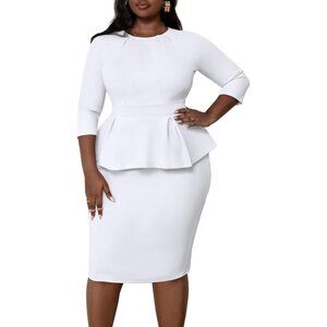 Plus Size Dress Women Work Business Office Vintage Peplum 3/4 Sleeve